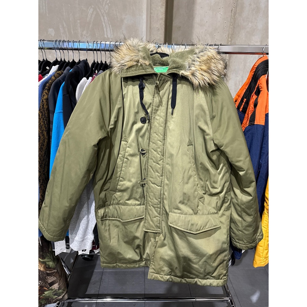 United Colors of Benetton Olive Green Faux Fur Hood Parka Jacket Orange Lining - Picture 1 of 5